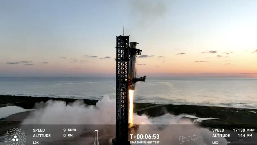 SpaceX's Super Heavy booster is pictured as it is caught by the mechanical arms of the launch tower at the company's Texas launch site