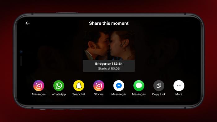 Netflix Moments feature featuring a Bridgerton still and social sharing options.