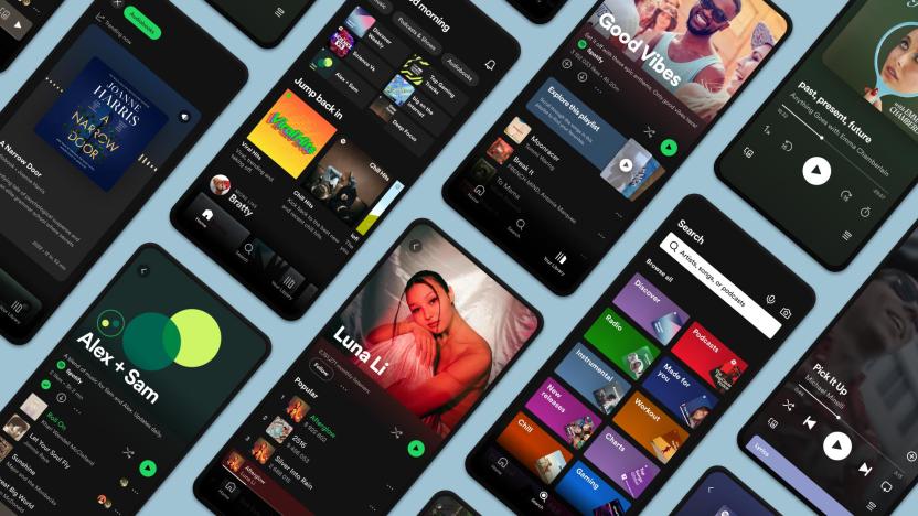 A grid of phones showing different screens of the Spotify mobile app.