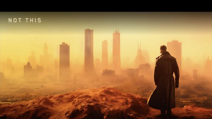 The back of a man in trench coat with a desert-like landscape in the background.