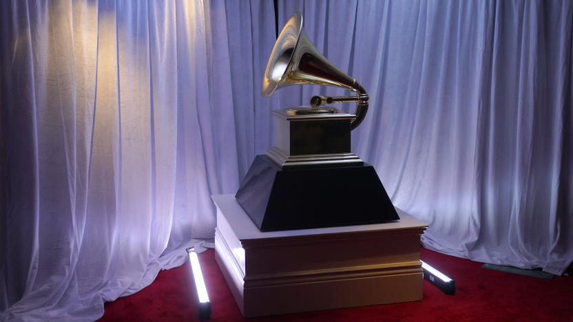 FILE - A view of a Grammy statue appears in the press room at the 65th annual Grammy Awards on Sunday, Feb. 5, 2023, in Los Angeles. (AP Photo/Jae C. Hong, File)