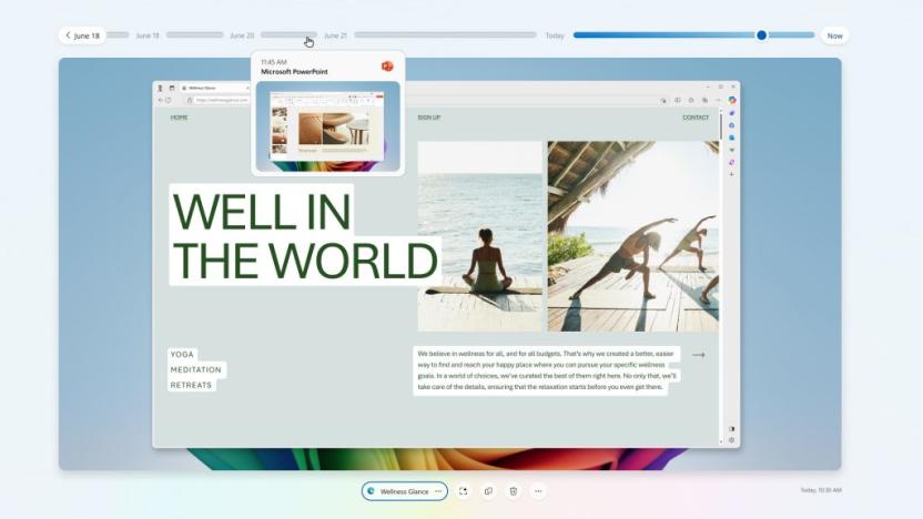 Sample of Microsoft’s Recall feature, showing a timeline of recent activity on a PC.