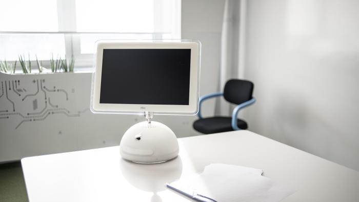 iMac G4 Flat Panel, release date January 2002, exhibited at MacPaw's Ukrainian Apple Museum in Kiev, Ukraine on January 26, 2017. Ukrainian developer MacPaw has opened Apple hardware museum at the companys office in Kiev. The collection has more than 70 original Macintosh models dated from 1981 to 2017. (Photo by Oleksandr Rupeta/NurPhoto via Getty Images)