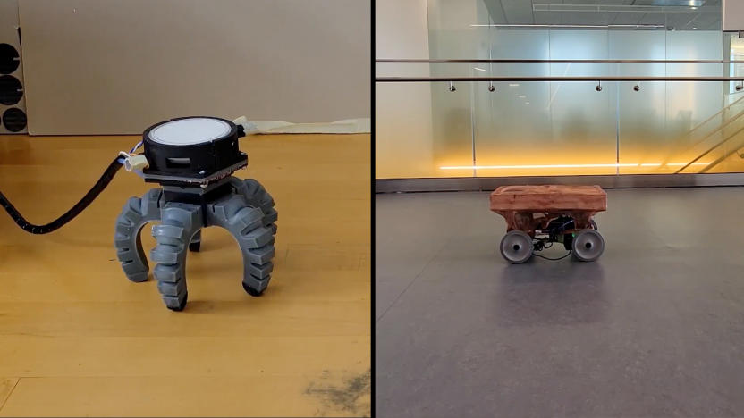 Split pane. Left: a spider-like robot on a brown floor. Right: a four-wheeled robot on a dark gray floor.