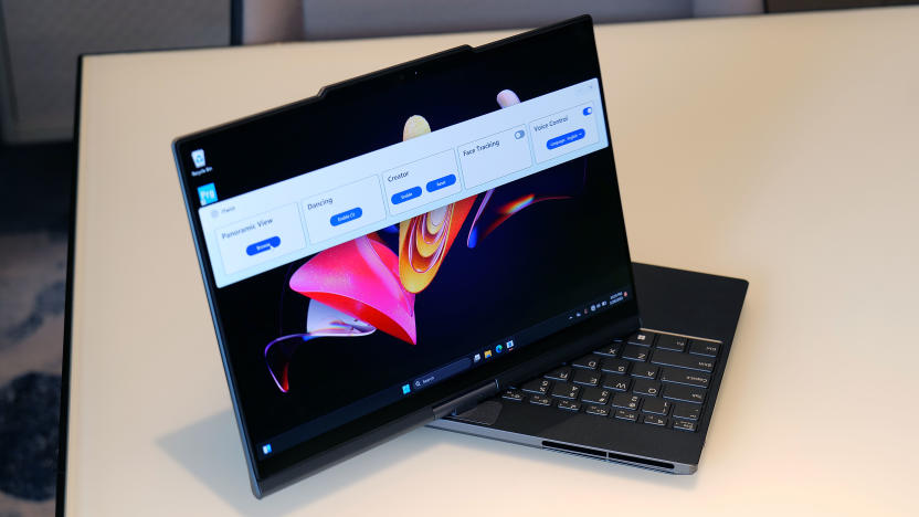 The Lenovo Auto Twist laptop prototype, with its screen twisted diagonally above the keyboard. The hinge is in the middle of the bottom edge of the display, connecting it to the keyboard.