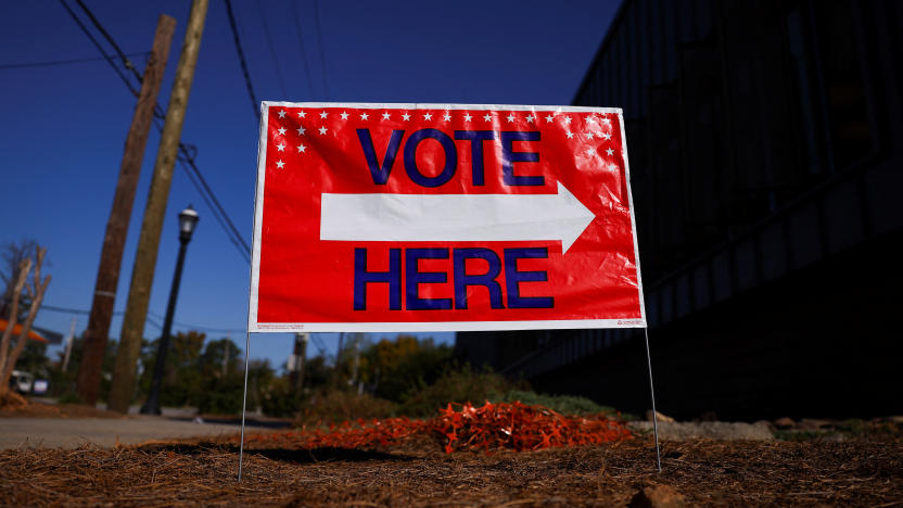 FILE PHOTO: A sign sits outside of a polling location as the battleground state opened for early voting, in Atlanta, Georgia, U.S., October 23, 2024. REUTERS/Hannah McKay/File Photo