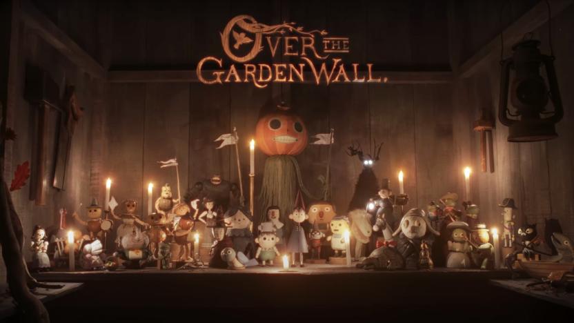 A still from the stop-motion short of Over the Garden Wall showing dozens of wooden puppets depicting characters from the show, including Wirt, Greg, Beatrice and the towering pumpkin man, Enoch